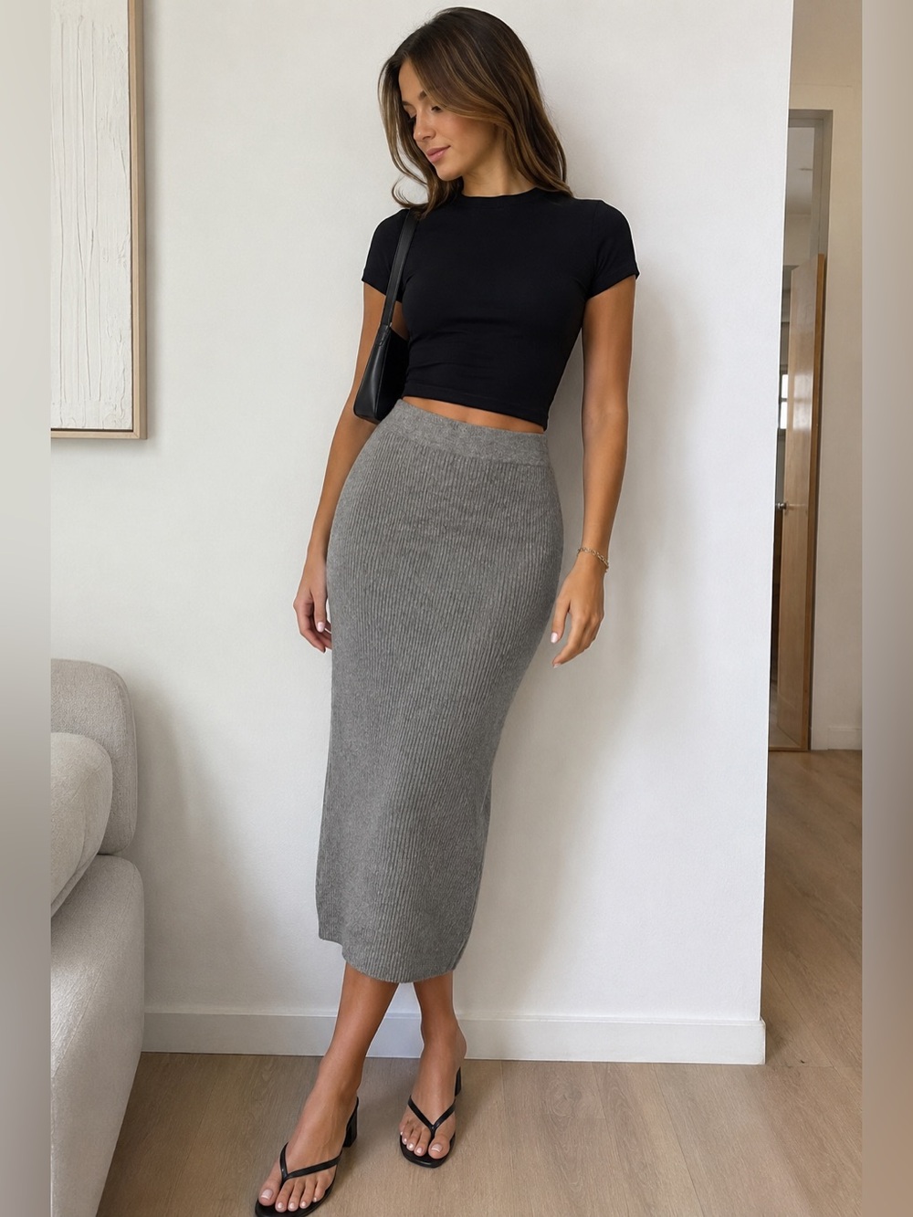 THE ANDAMANE Women’s Size S Grey Eulalia Ribbed Pull On Fitted Midi Skirt